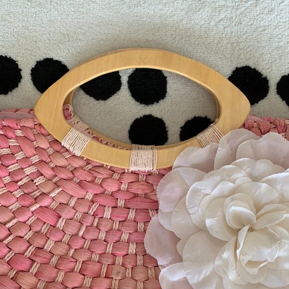 Vintage 80s 90s Wicker Straw Purse Handbag Clutch Pink Flower Wood Top Handle - Picture 3 of 11
